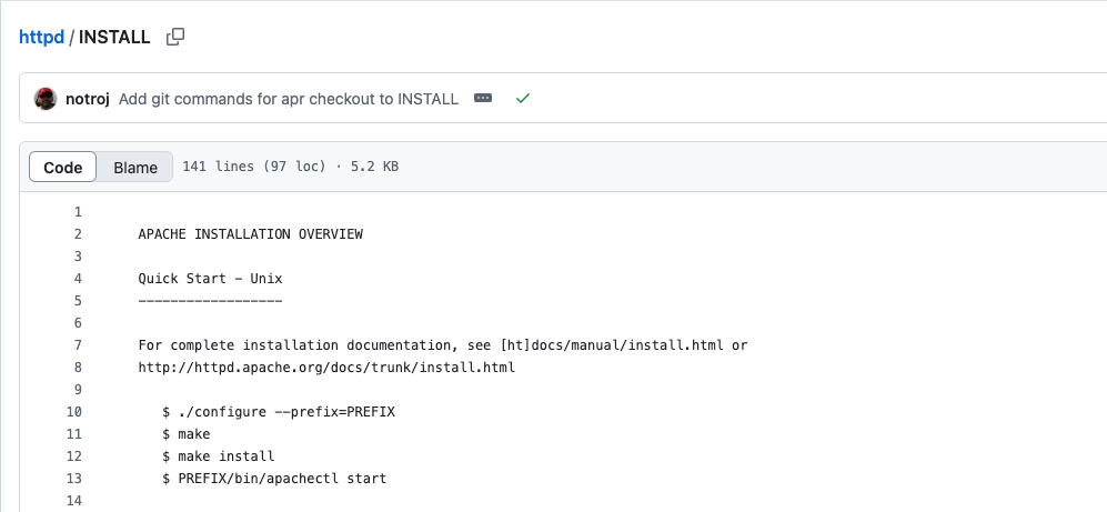 An excerpt from the apache INSTALL file with clear steps including ./configure, make, and make install.