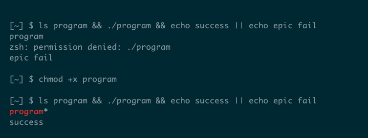 A chain of commands using logic operators to test exit codes.