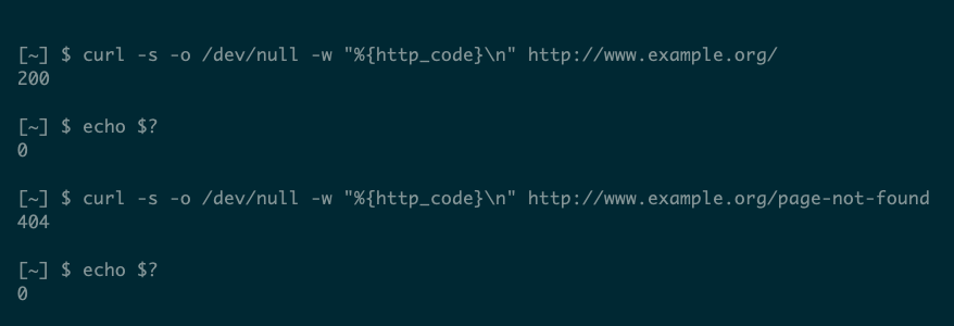 Exit codes from curl showing that http status is not reflected by default.