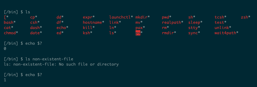 The ls command returns a 0 exit status on success and a 1 on failure.