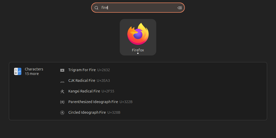 Locating Firefox in Applications menu search.