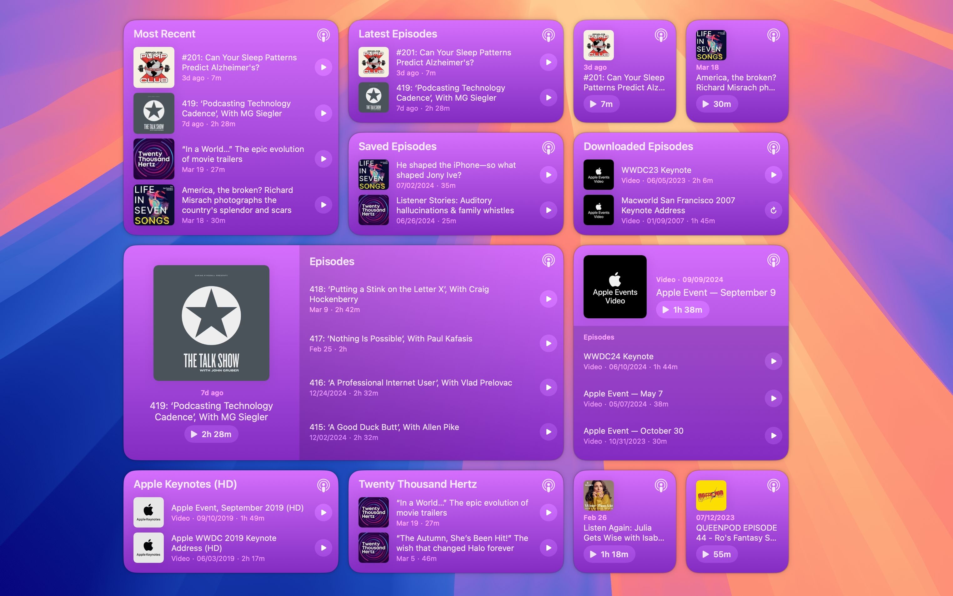 The Apple Podcasts app widgets on the macOS desktop.
