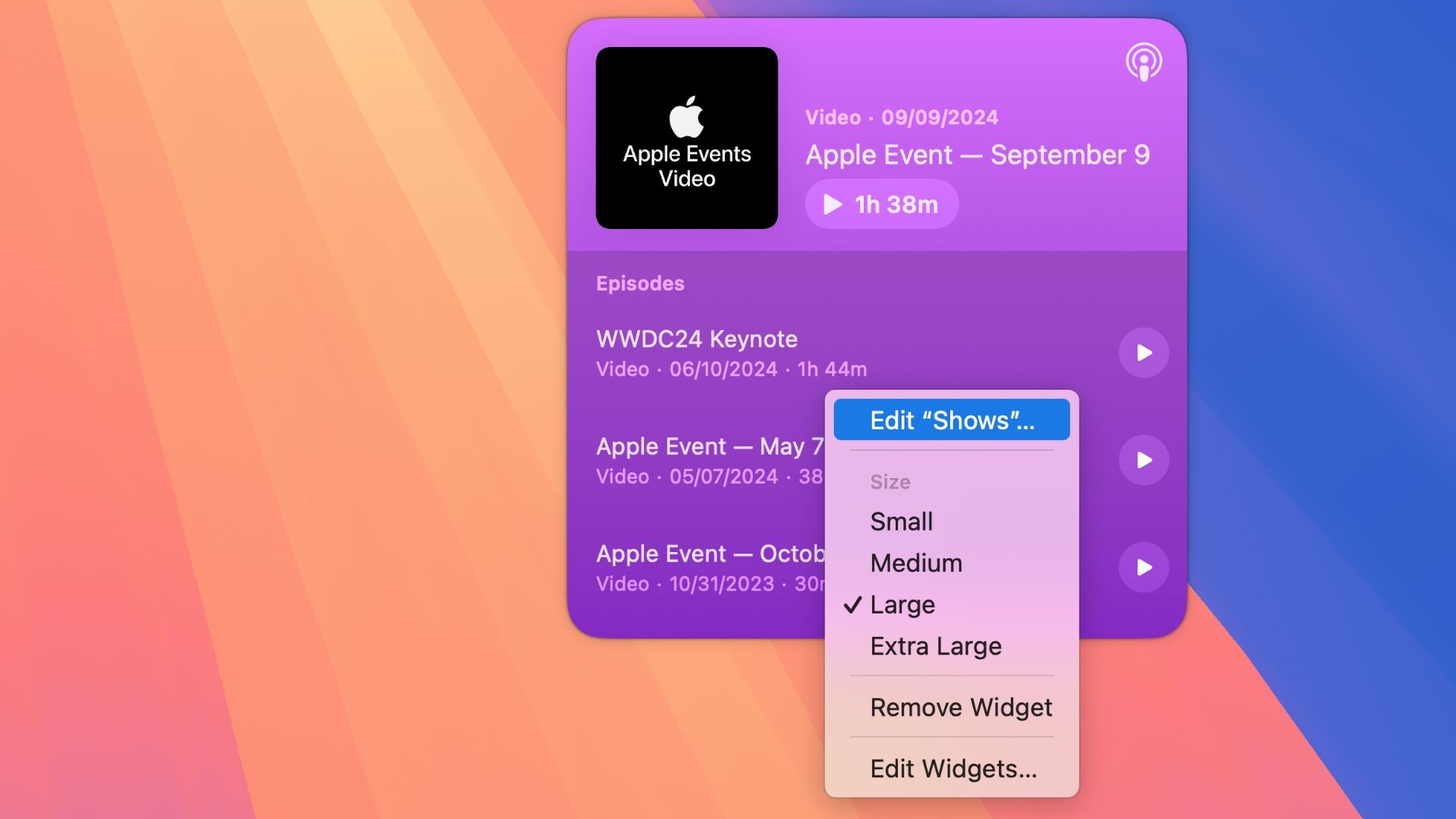 The Apple Podcasts widget on the macOS desktop, displaying the contextual menu with the Edit Widget option selected.