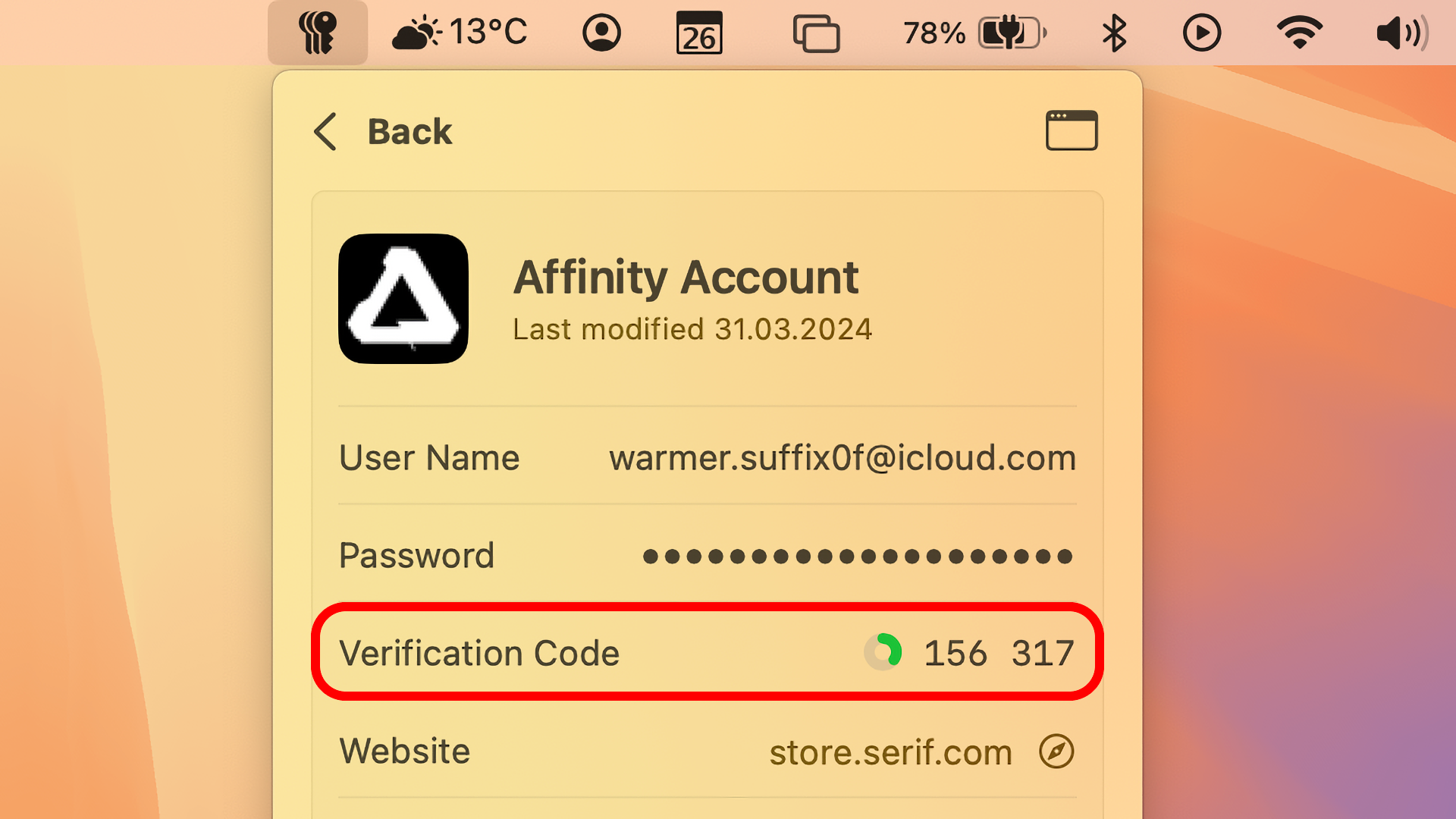 macOS menu bar, with the Passwords app menu showing a saved website password.