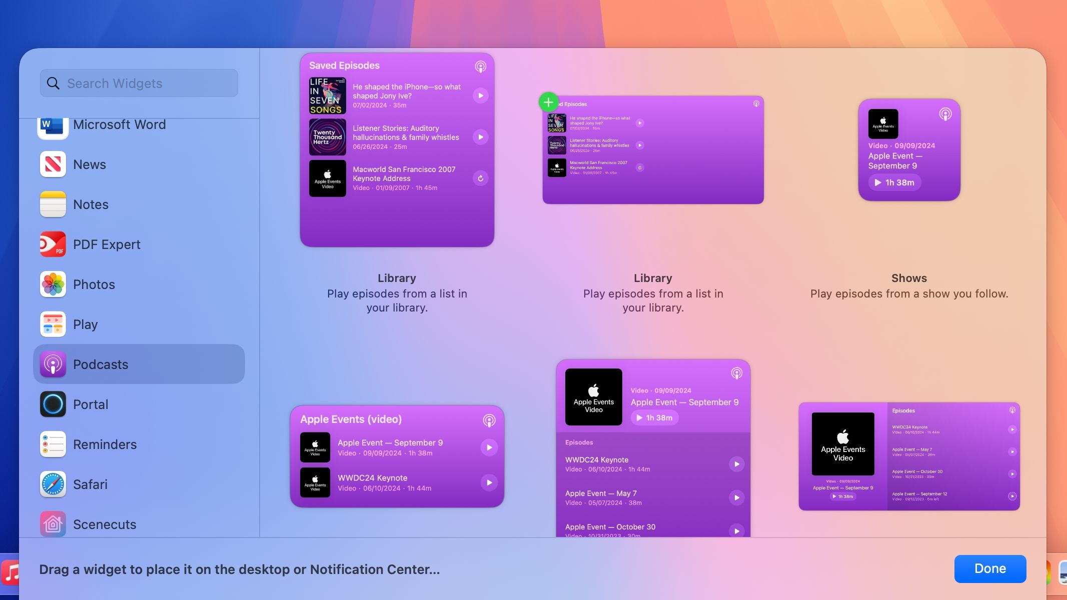 macOS Sequoia displaying the Podcasts app widgets in the widget gallery above the Dock