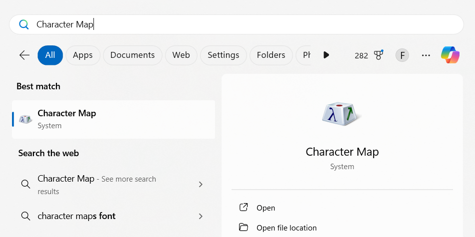 Opening the Character Map in Windows 11.