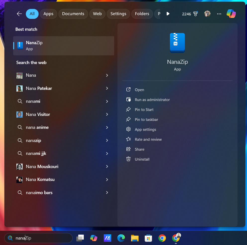 Opening Nanazip from the Windows searchbar.