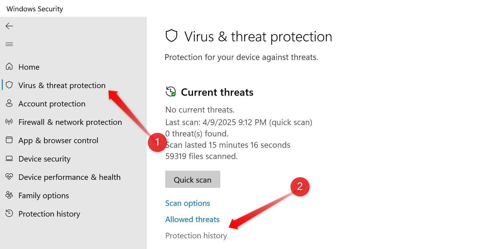 Opening the Protection History in the Windows Settings app.