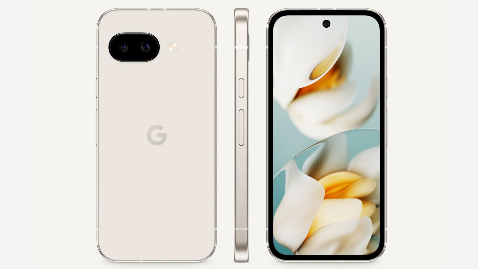 Pixel 9a in porcelain finish from the back, side, and front.