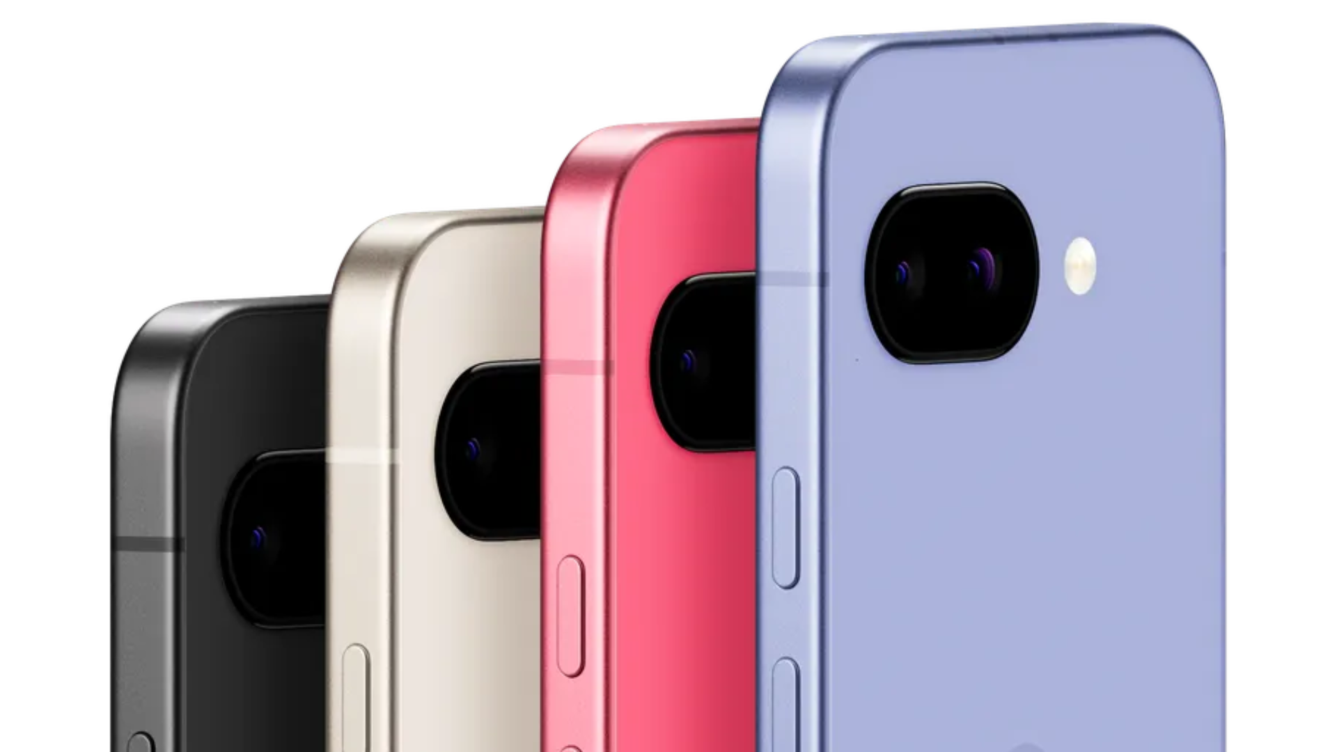 Picture of the four colors of the Pixel 9a on a white background.