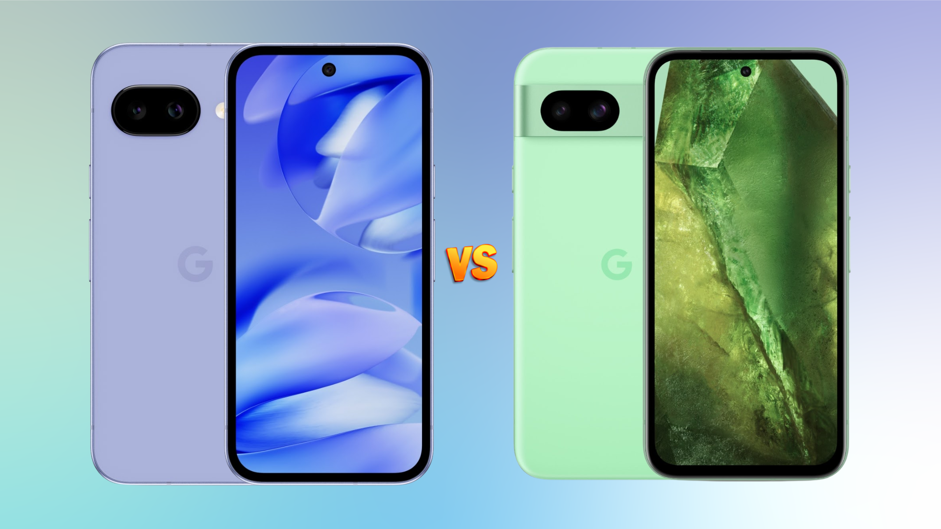 Image of the Pixel 9a on the left and the Pixel 8a on the right with a gradient background in the back.