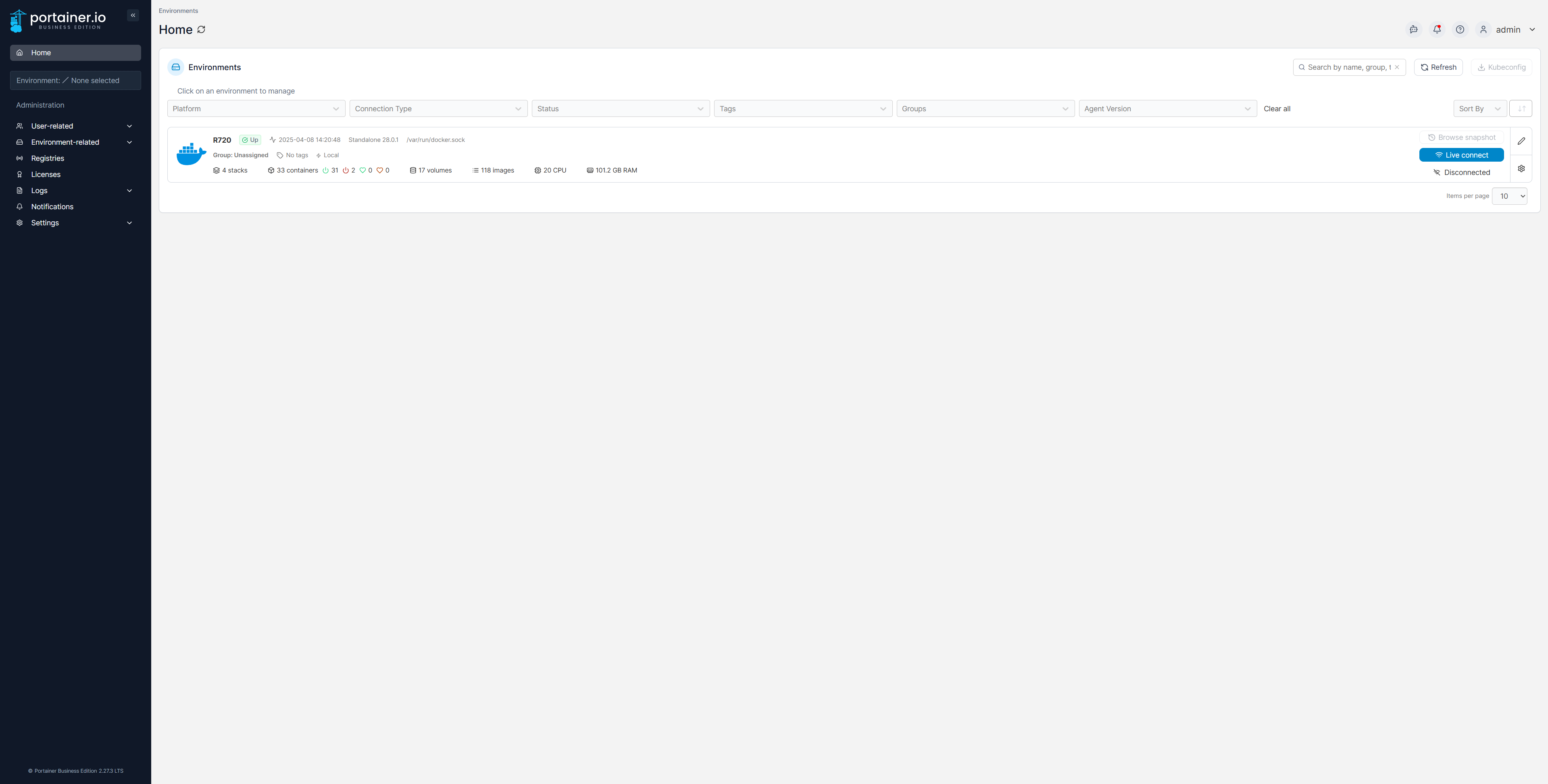 The Portainer dashboard showing a running Docker instance.