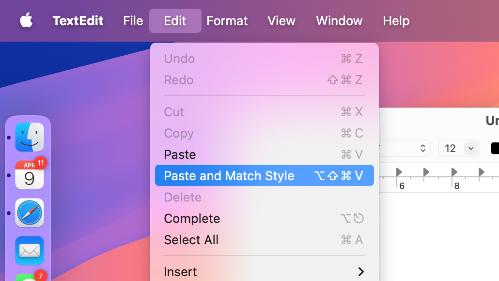 Paste and match style in TextEdit for macOS.