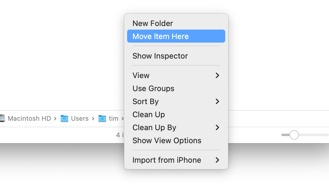 Move a file using "Move Item Here" in Finder for Mac.