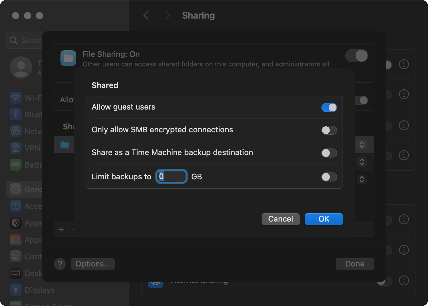 Time Machine as Shared destination toggle.