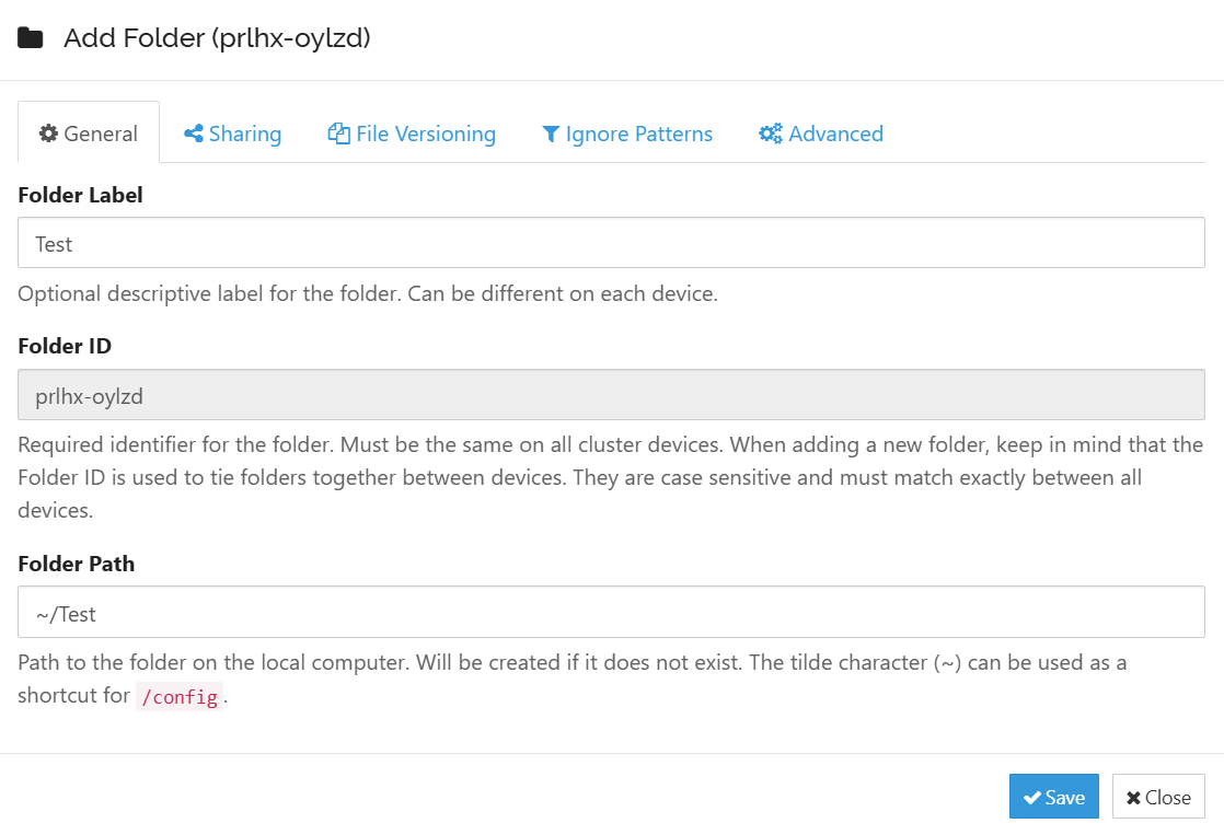 New folder popup on server with Syncthing.