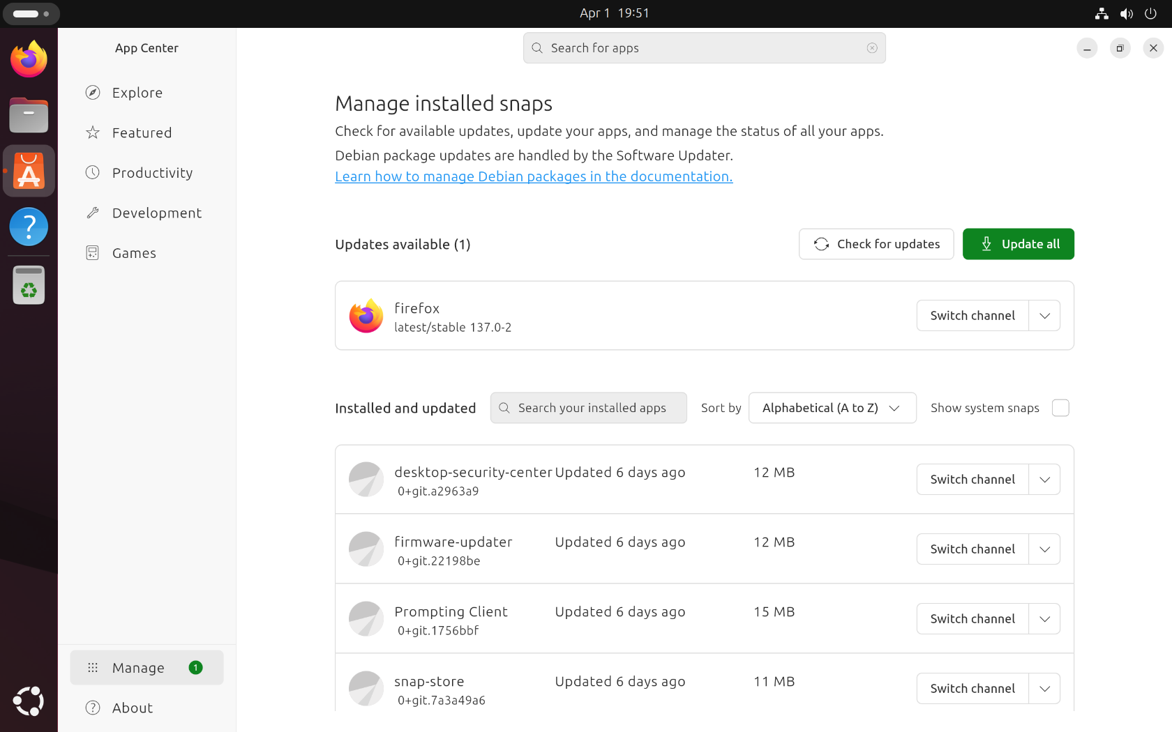 Screenshot of managing software in Ubuntu 25.04.