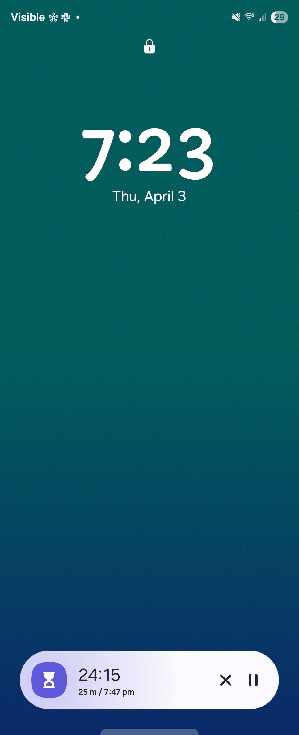 The lockscreen on a Galaxy Z Fold 6 running One UI 7, with the Now Bar showing timer controls.