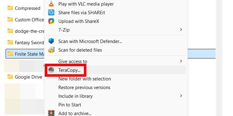 The "TeraCopy" option in the Windows context menu.