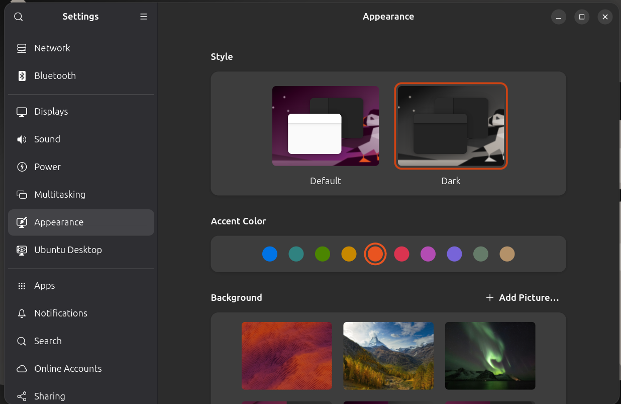 Showing dark appearance settings in Ubuntu 25.04.