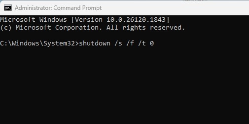shutdown /s /f /t 0