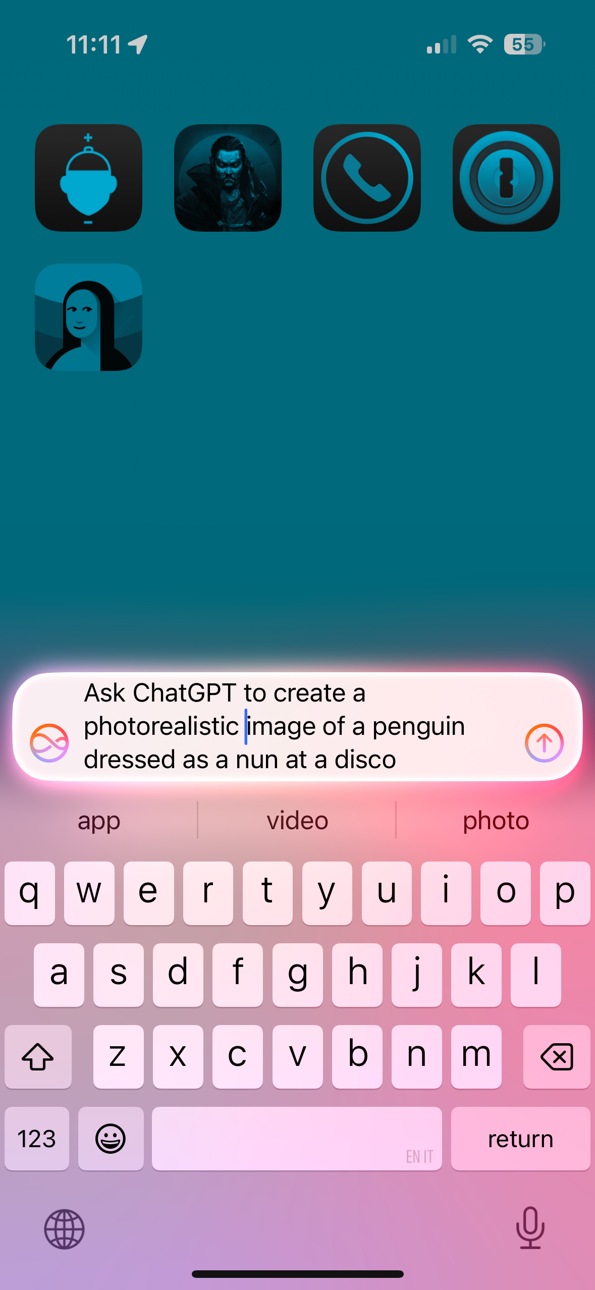 Siri request to ask ChatGPT to create a photorealistic image of a penguin dressed as a nun at a disco.