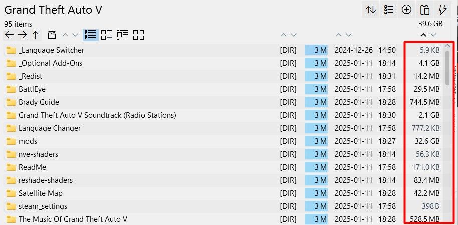Size of different folders in OneCommander.