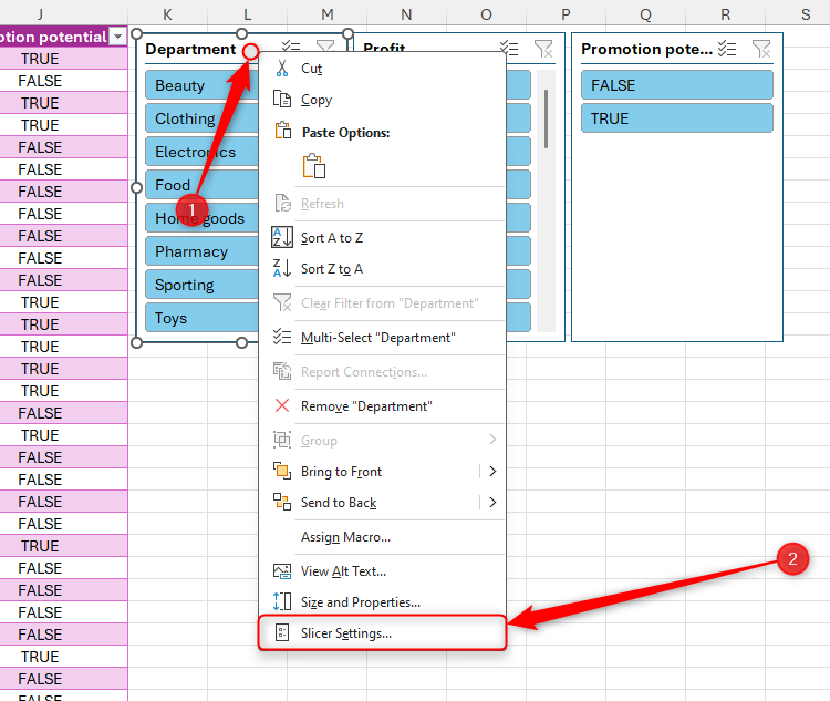 Slicer Settings is selected in the right-click menu on a slicer in Excel.