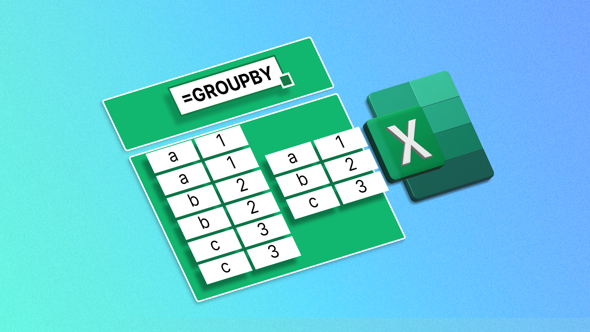 Some Excel cells grouped together, the function '=GROUPBY' above, and the Excel logo on the right.