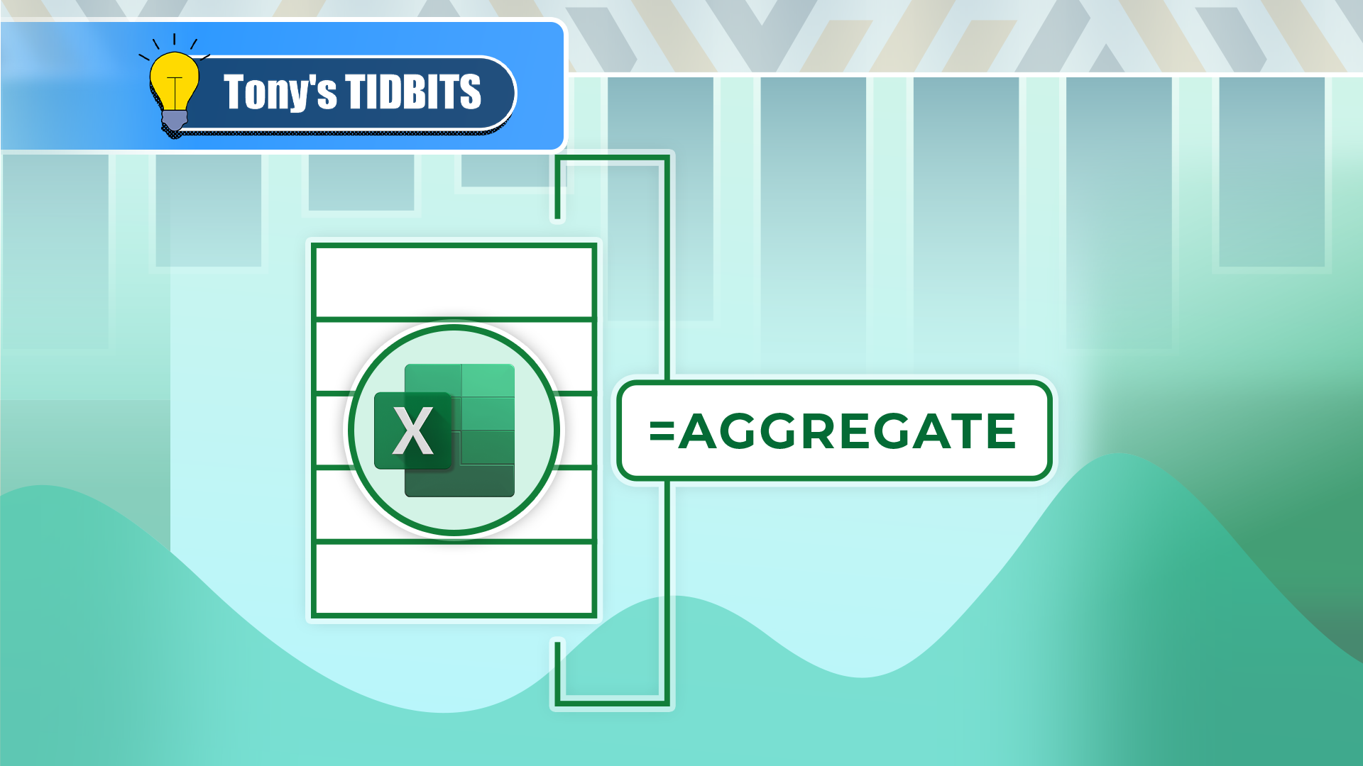 Some Excel cells with the formula '=aggregate' and the Excel logo next to them.