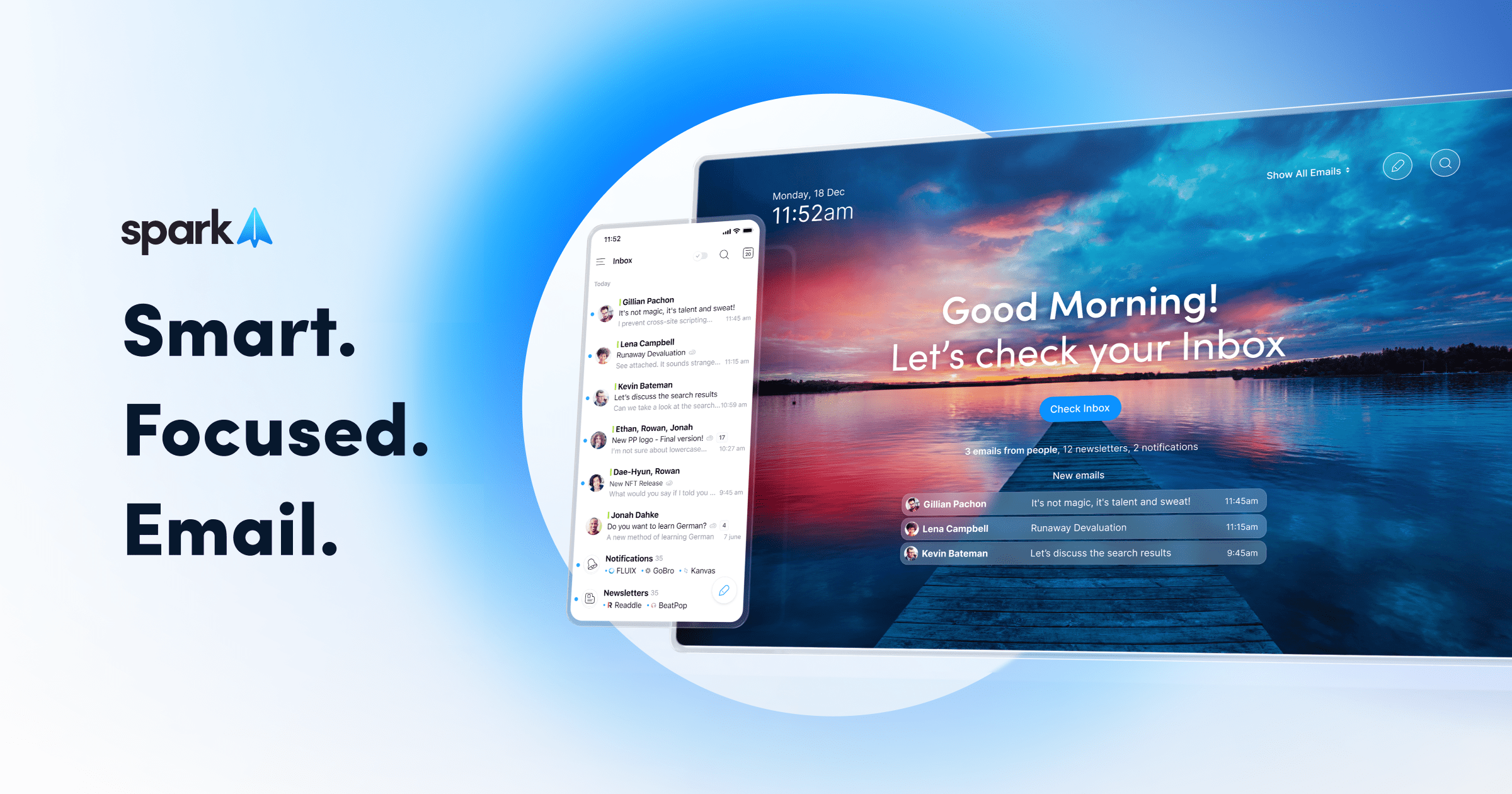 A marketing image from Spark Email showing what the client looks like on mobile and desktop.