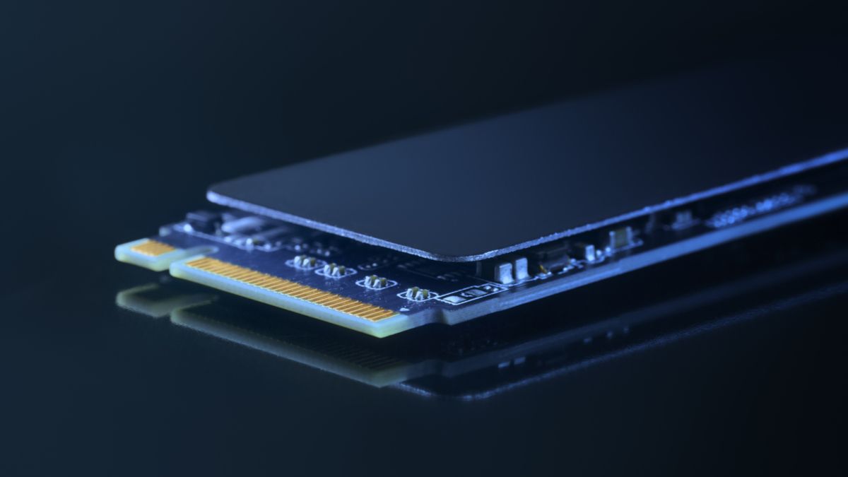 Closeup of an SSD M2 disk with focus on interface.