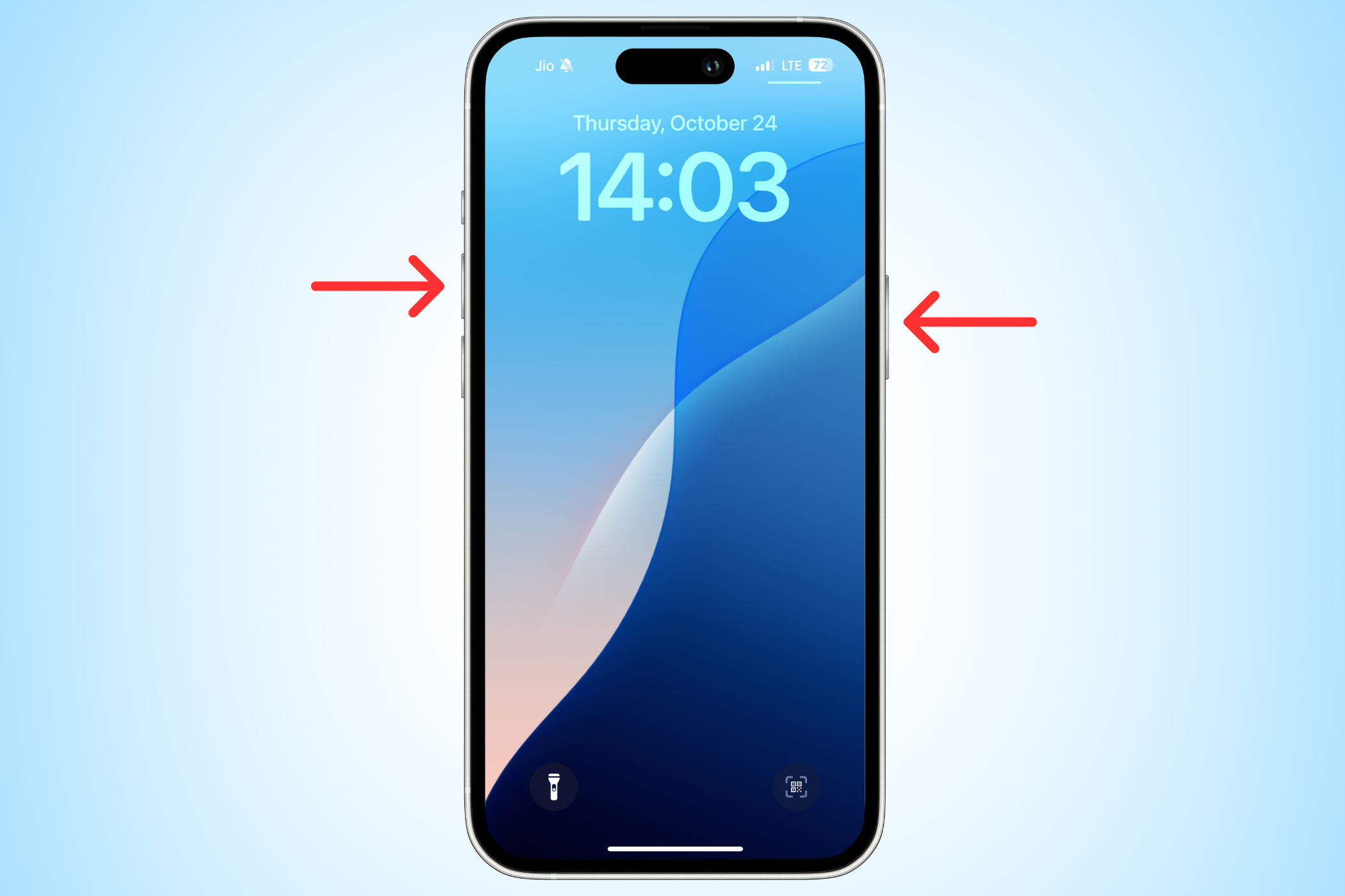 An iPhone with two arrows next to the side and volume up buttons.