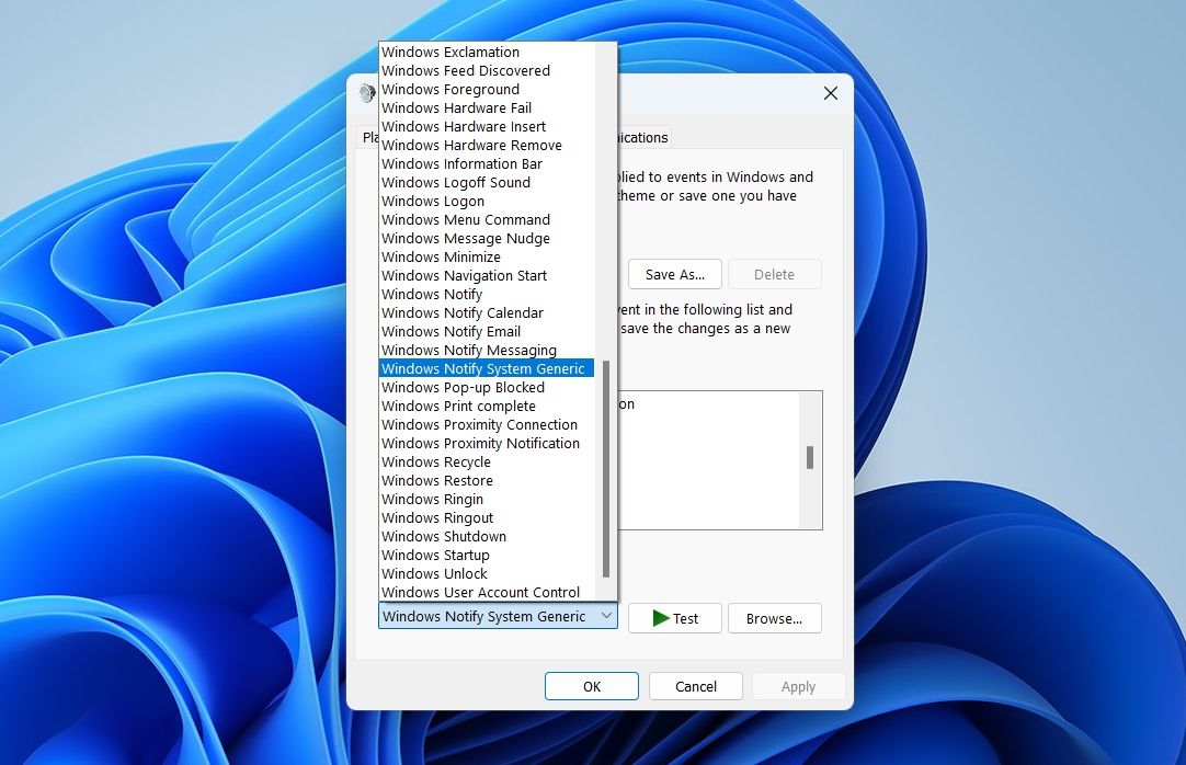 Select a sound for a notification in the Sound settings on Windows.