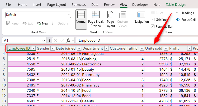 The column header letters in an Excel spreadsheet are replaced by the table column headers.