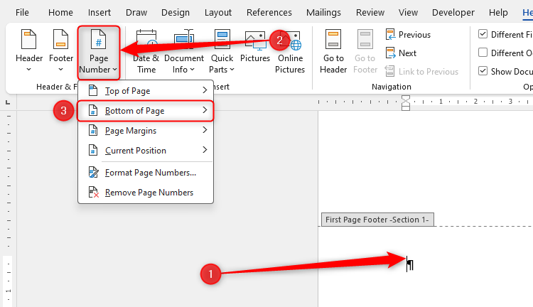 The cursor is placed in the footer of Section 1 in Microsoft Word, and the Bottom Of Page page number option is selected.