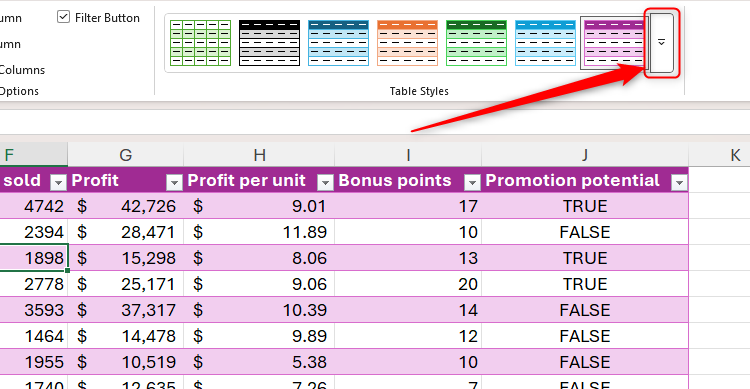 The down arrow in the Table Styles group of the Table Design tab in Excel is selected.