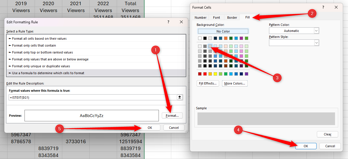 The Format Cells dialog box in Excel, launched via the Editing Formatting Rule dilaog box, with gray fill selected.