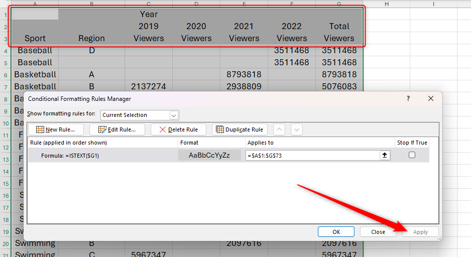 The header rows of some spilled data in Excel are colored gray after the Apply button in the Conditional Formatting Rules Manager dialog box is clicked.