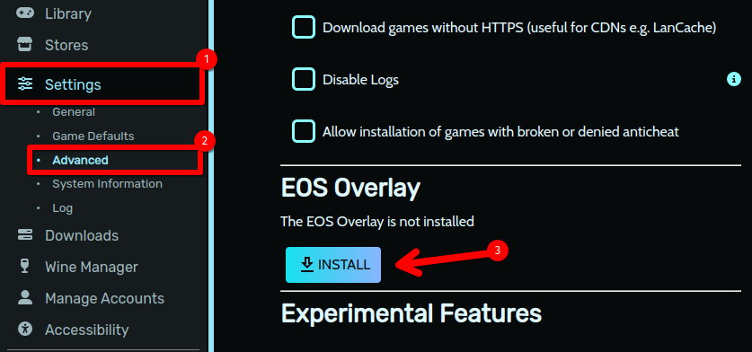 The Heroic Games Launcher with highlights around the Settings, Advanced, and EOS Overlay install buttons.