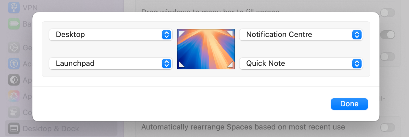 The Hot Corner settings in macOS.