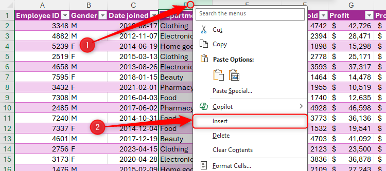 The Insert button is selected in a column's right-click menu in Excel.
