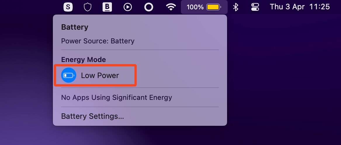 The Low Power option in the menu bar on macOS.