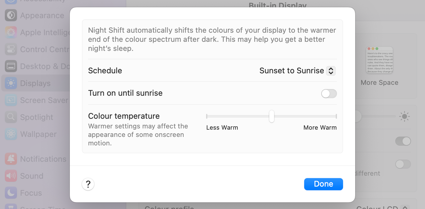 The Night Shift settings in macOS.