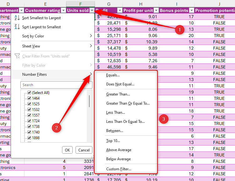 The number filter options in a Microsoft Excel table.