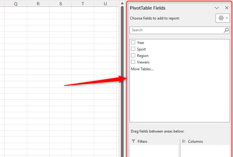 The PivotTable Fields pane in Microsoft Excel, with Year, Sport, Region, and Viewers as options in the fields area.