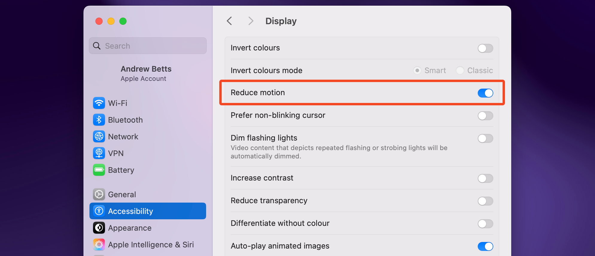 The Reduce Motion option in macOS settings.