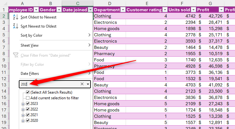 The search field in an Excel table's filter contains the search query 202.