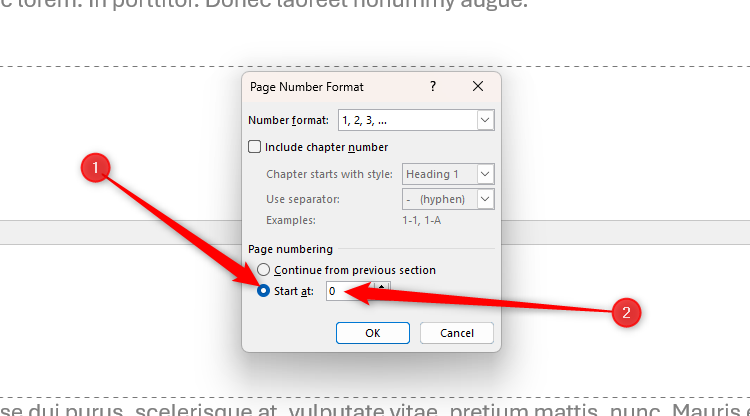 The Start At option in Word's Page Number Format dialog box is checked, and 0 is typed into the number field box.