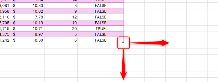 The table fill handle in Excel is highlighted, with a right and down arrow indicating the directions to click and drag it to expand the table.